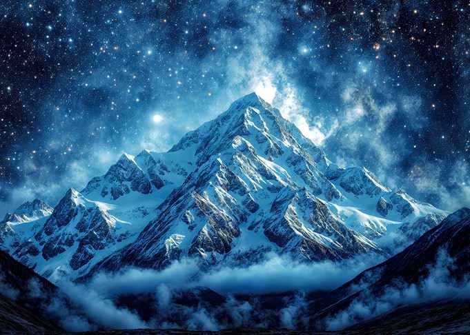 Snowy Mountain Under Starry Night Sky