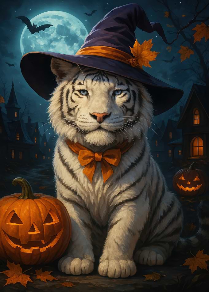 Halloween Tiger Witch with Pumpkins