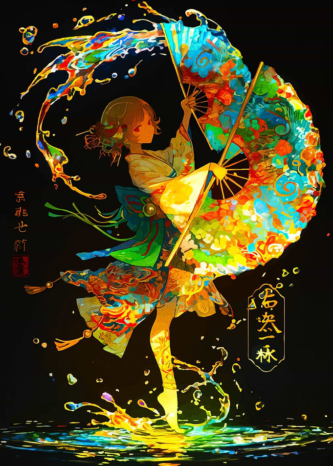 Colorful Kimono Girl with Fan