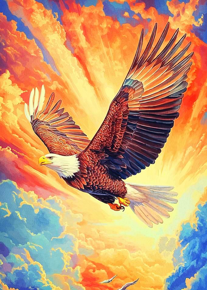 Eagle through colorful sky