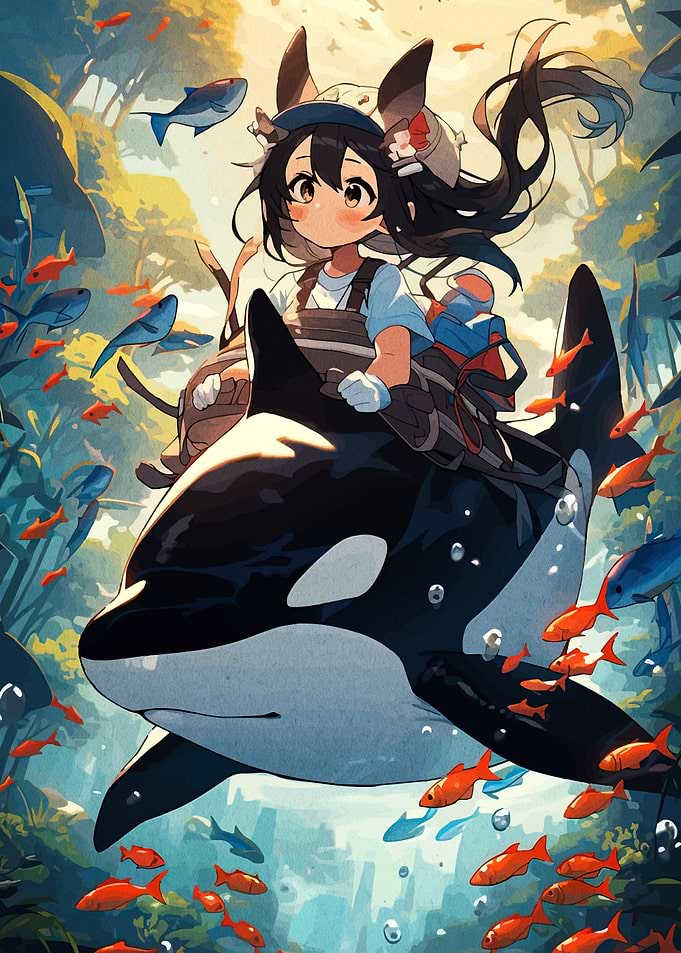 Anime Girl Riding Orca in Ocean