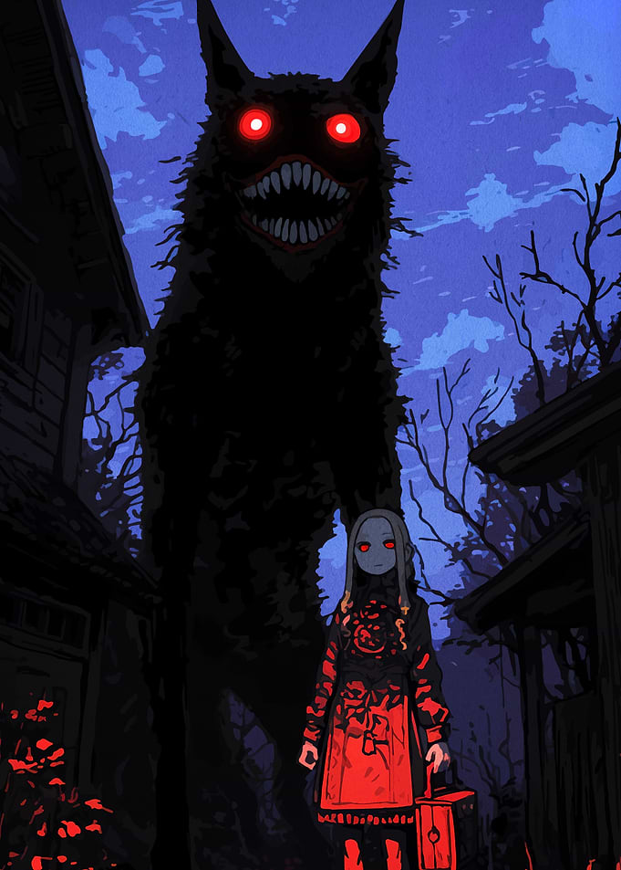 Creepy Girl and Monster in Dark