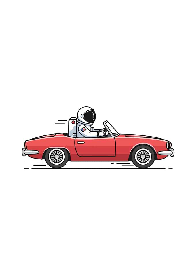 Astronaut driving red convertible car