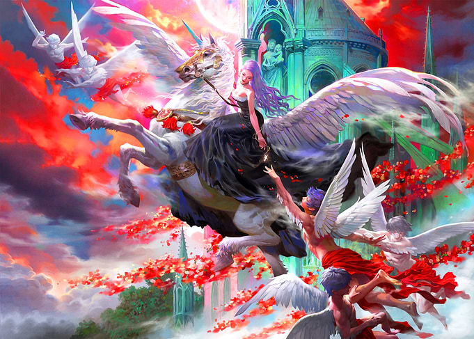 Winged Unicorn with Rider and Angels