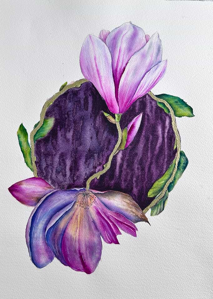 Magnolia Flowers with Purple Stone