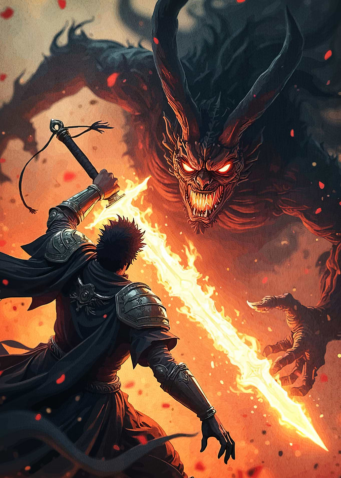 Warrior facing demonic monster