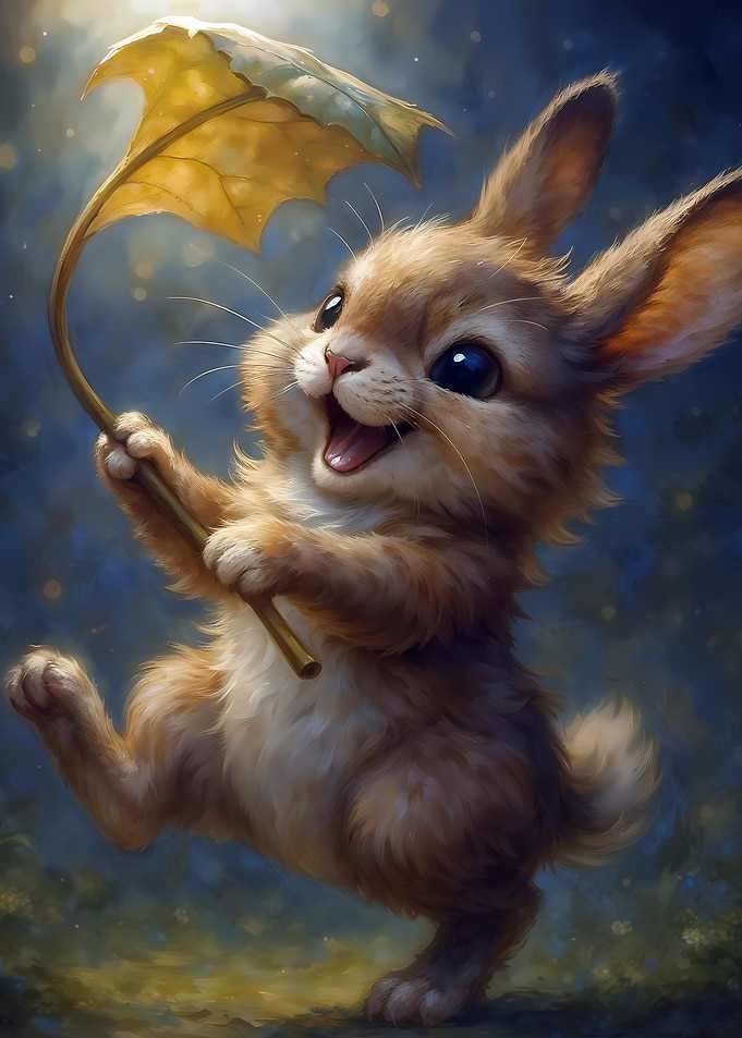 Happy Bunny with Leaf Umbrella