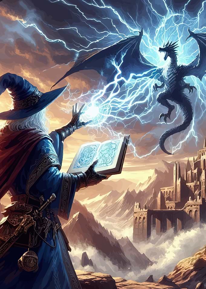 Wizard casting spell against dragon