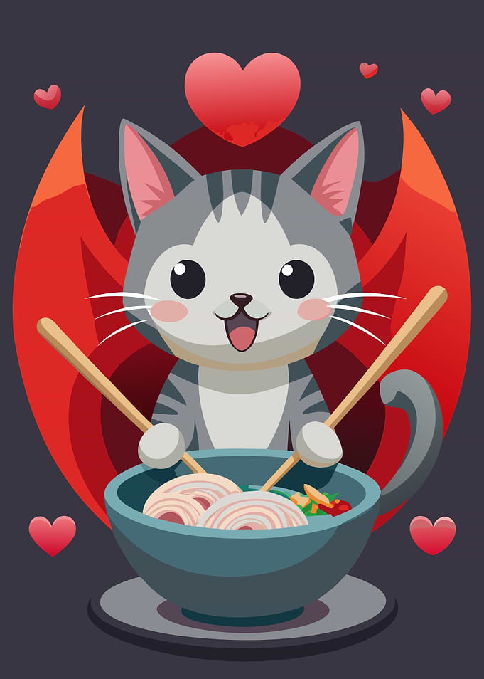 Cute Cat Eating Ramen with Chopsticks