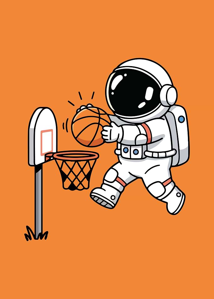 Astronaut playing basketball cartoon illustration