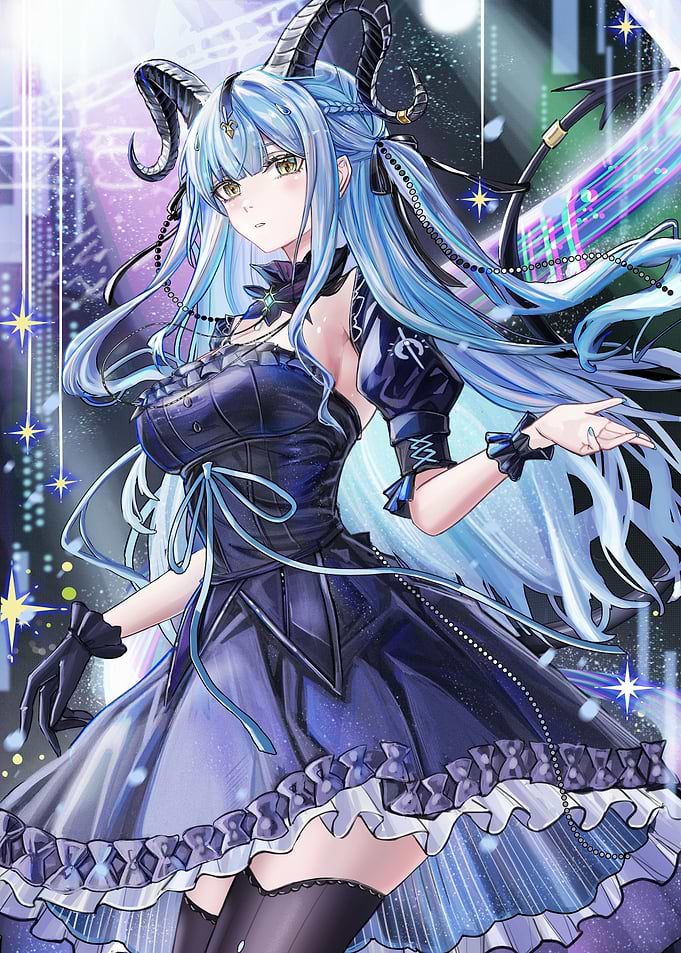 Anime Girl with Horns and Blue Hair