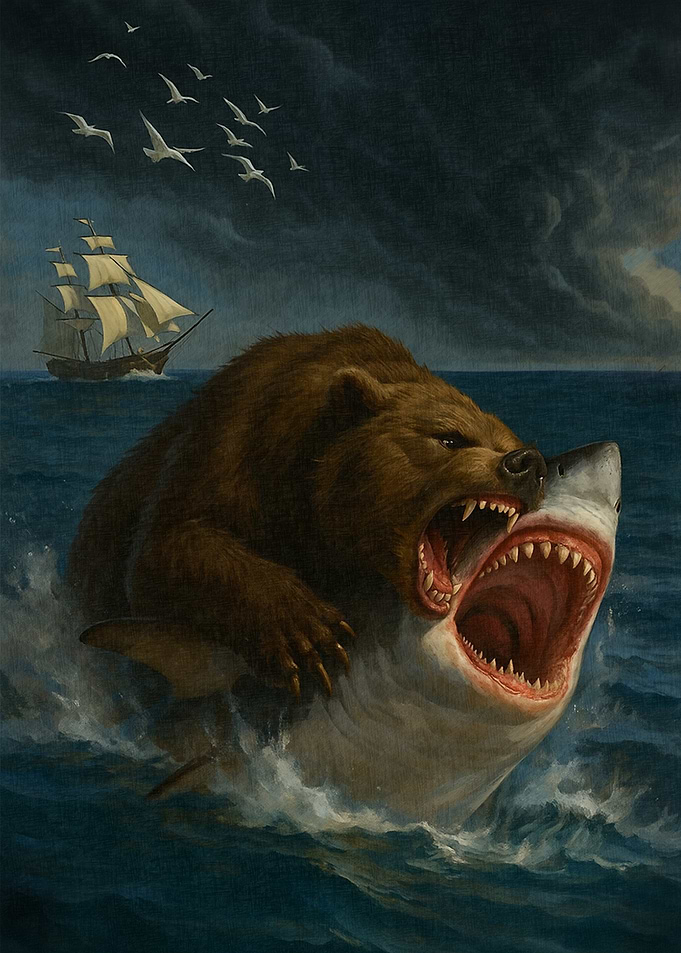 Bear-Shark Hybrid in Ocean Painting