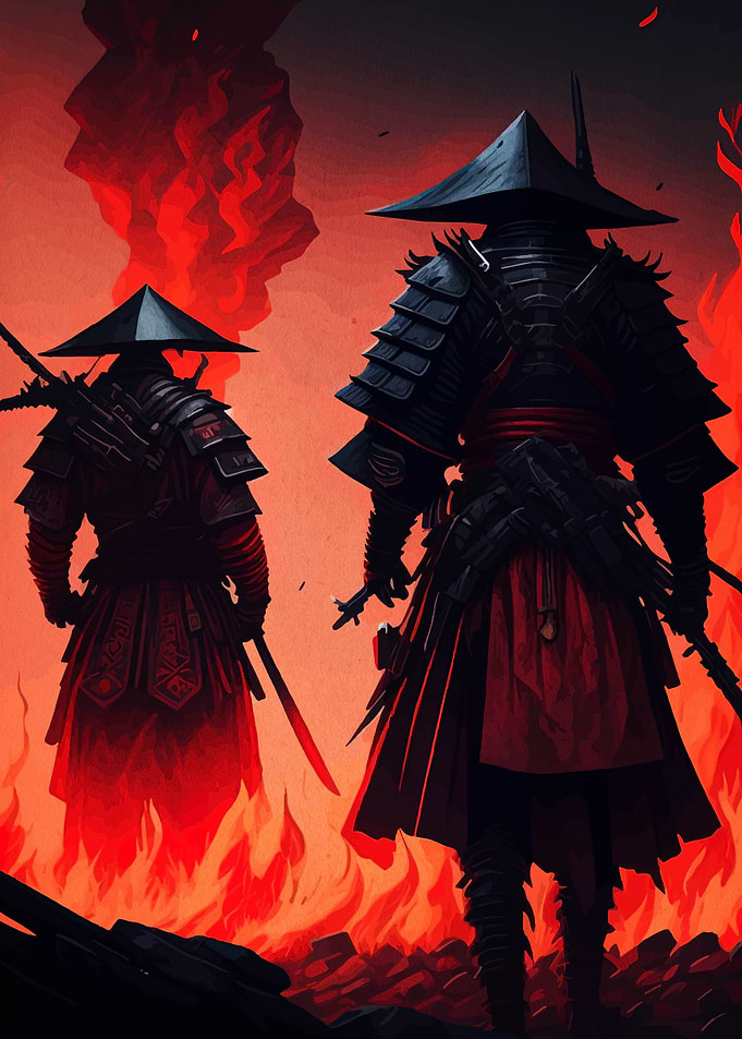 Two Samurai Warriors in Fiery Landscape