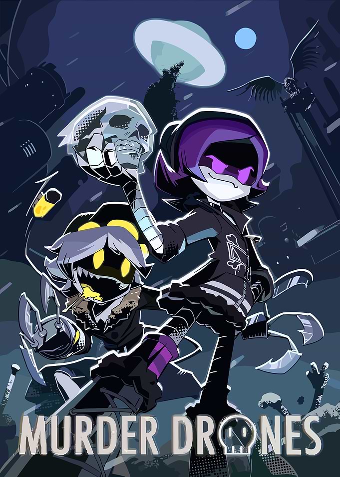 Murder Drones characters in a dark setting