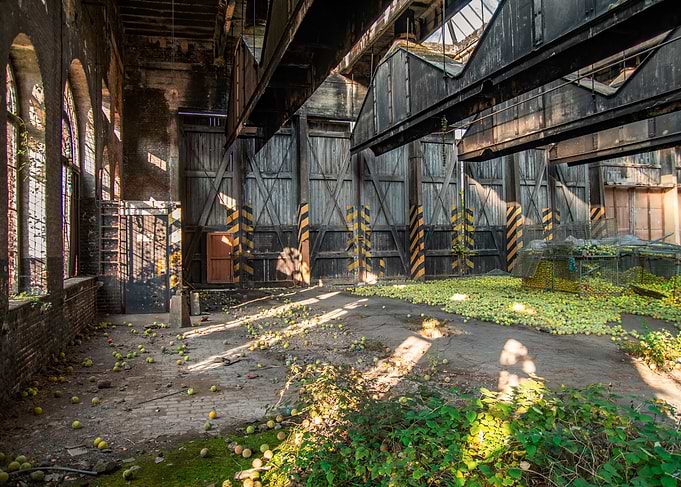 Abandoned Factory Interior with Scattered Fruit