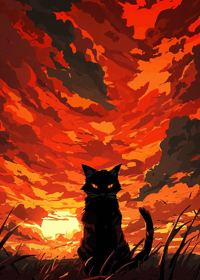 Black Cat Silhouette Against Fiery Sky