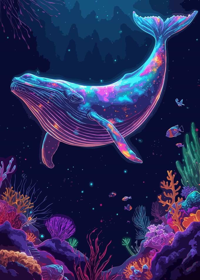 Neon Whale in Deep Sea Pixel Art