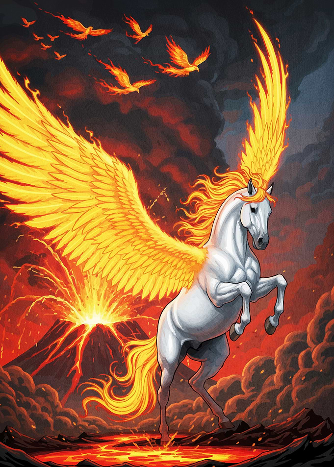 Fiery Pegasus Rising Volcanic Landscape