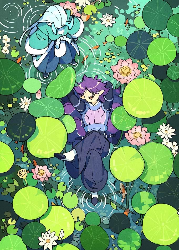 Cartoon characters in a lily pond