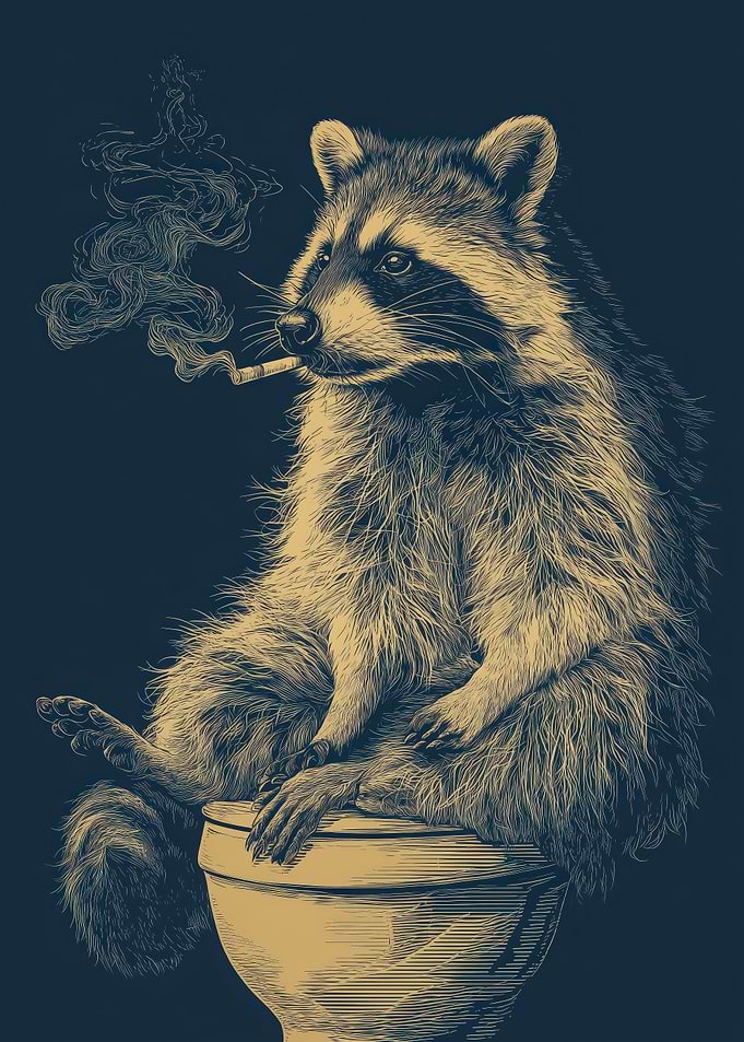 Commanding Raccoon Smoking — Funny Bathroom & Bar Wall Art