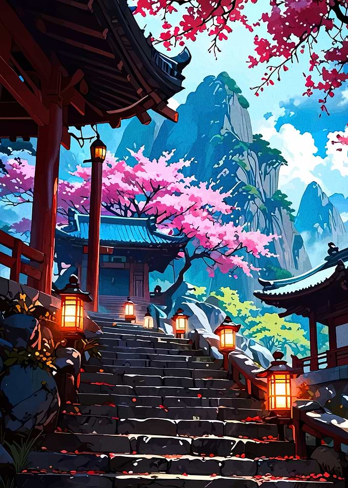 Japanese Temple with Cherry Blossoms