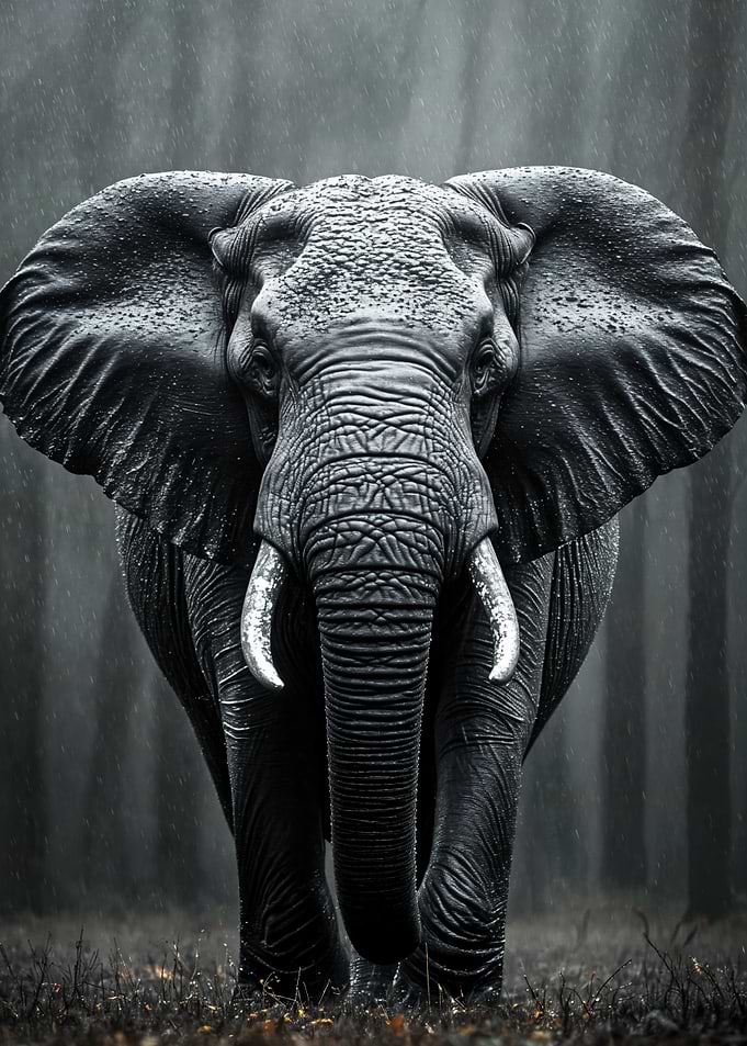 Monochrome Elephant in the Rain