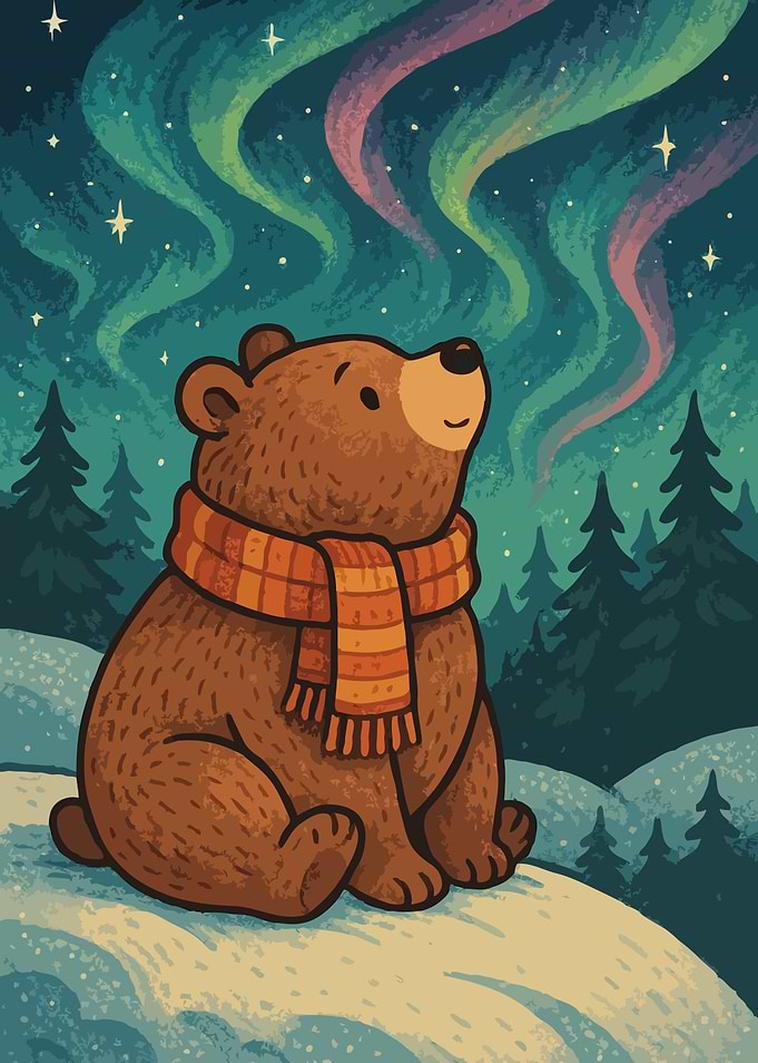 Bear Watching Northern Lights Illustration