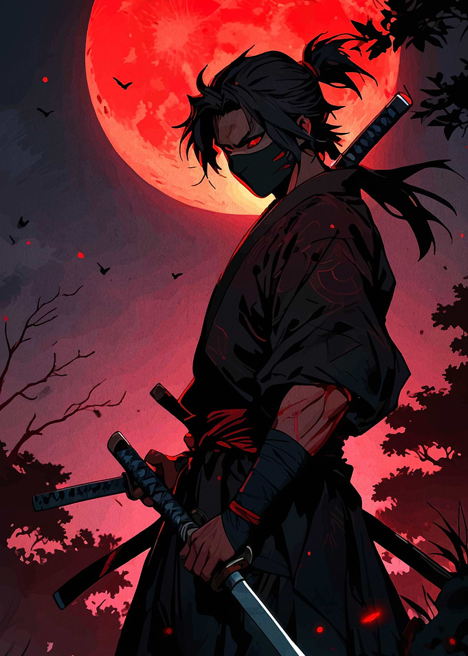 Ninja Warrior with Red Moon