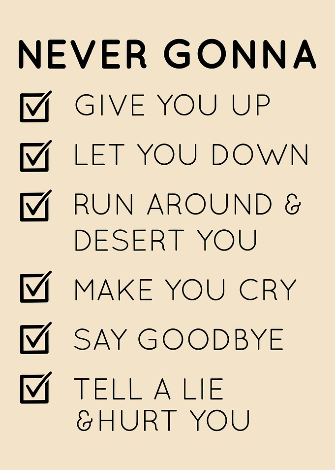 Never Gonna Give You Up Checklist