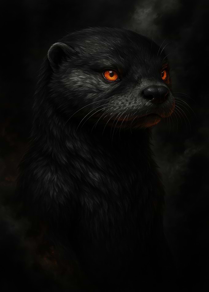 Black Otter with Glowing Orange Eyes