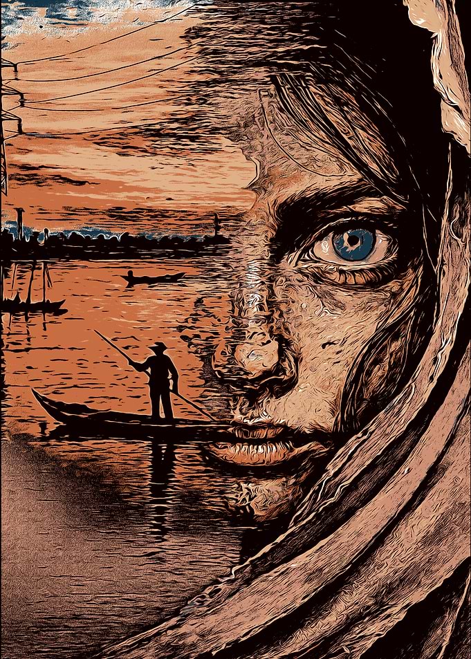 Woman's Face and River Scene