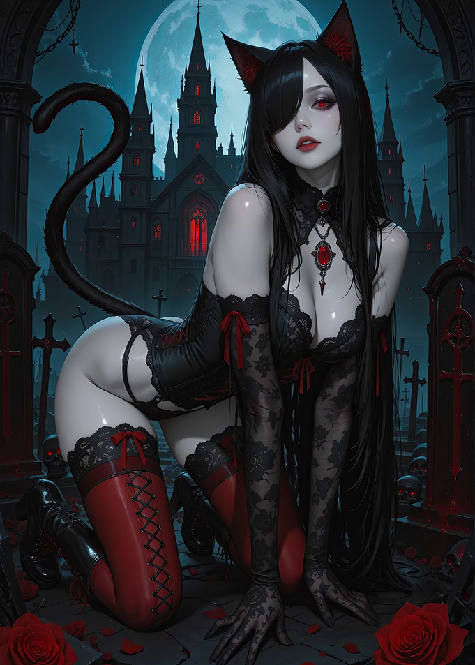 Black Cat Girl in Gothic Setting