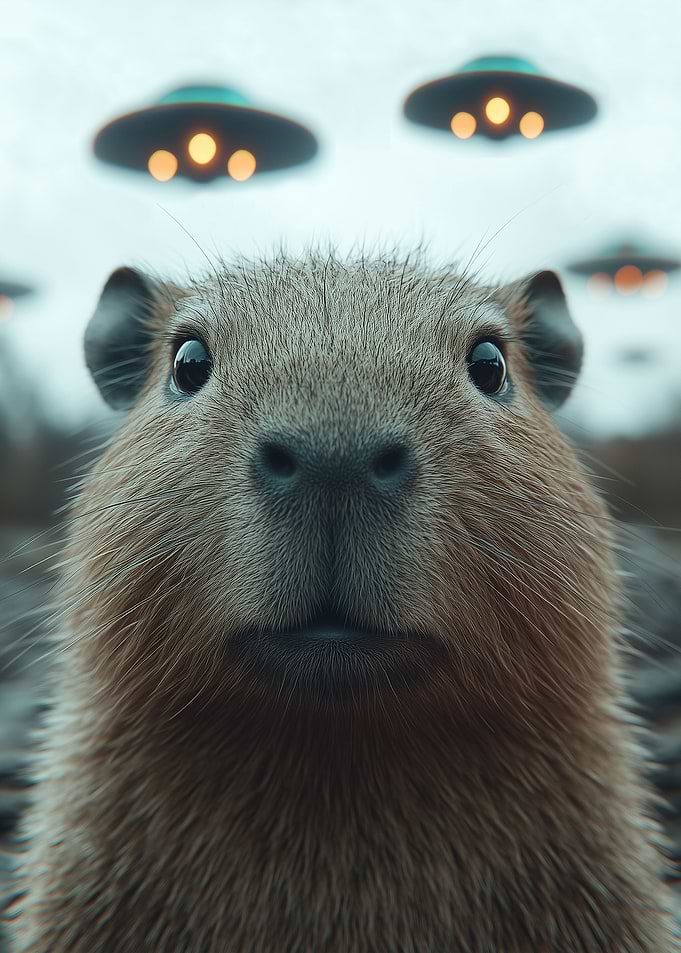 Capybara with UFOs in the background
