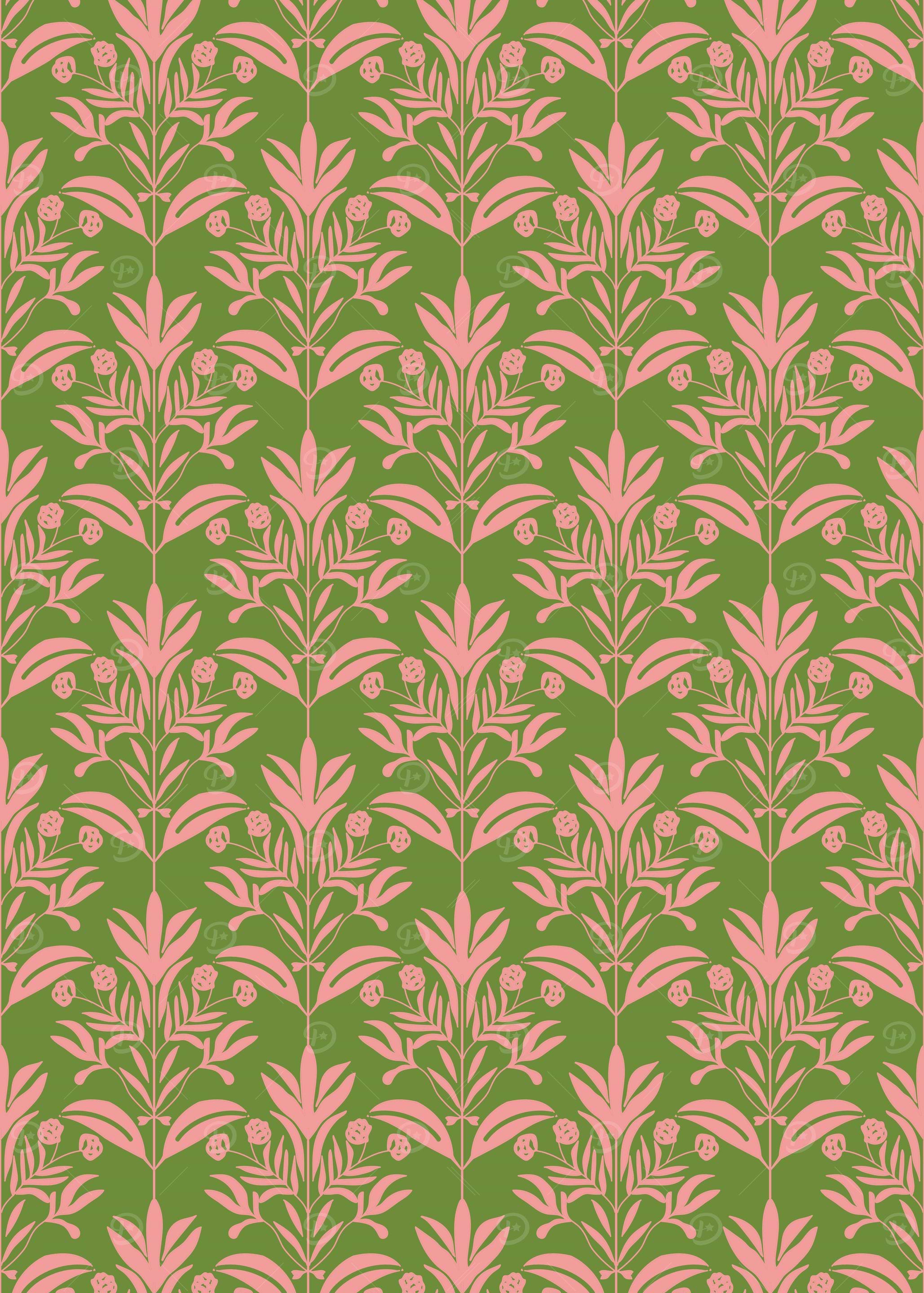Pink Floral Pattern on Green Background