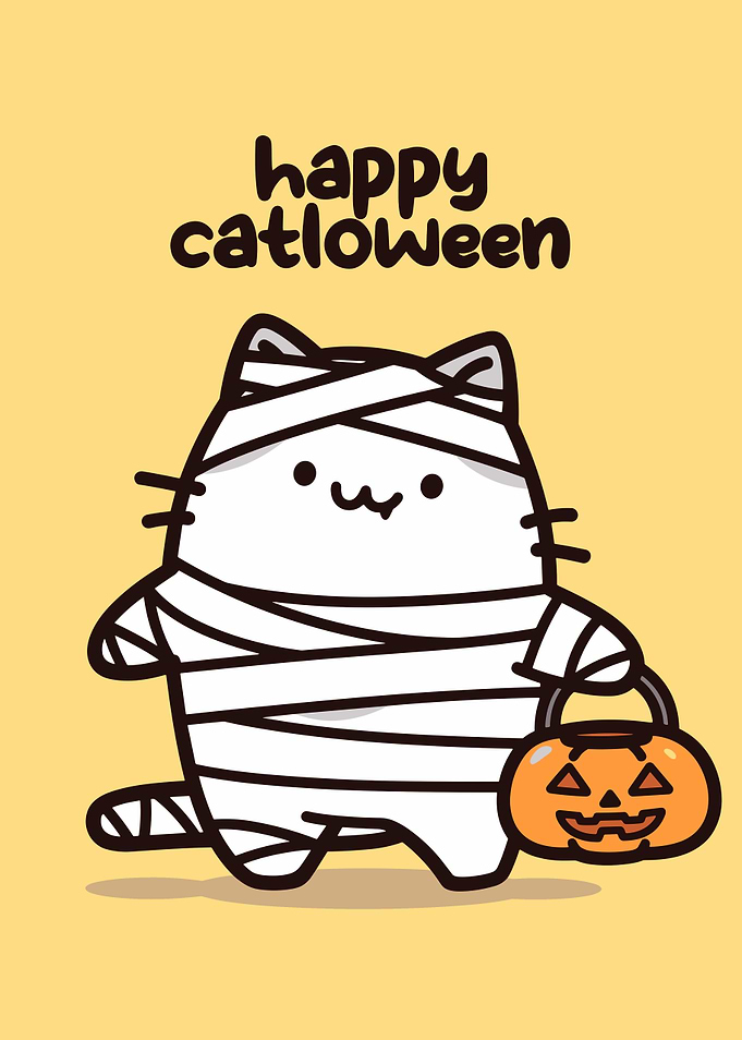 Happy Catloween Mummy Cat with Pumpkin