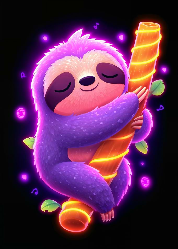 Neon Sloth Hugging a Glowing Branch