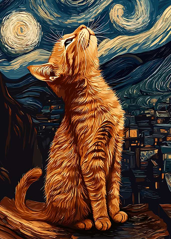 Cat Gazing at Starry Night