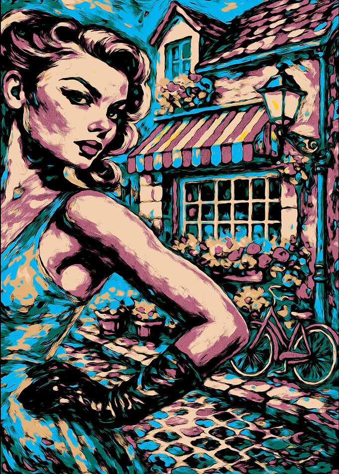 Retro Woman in European Town Painting