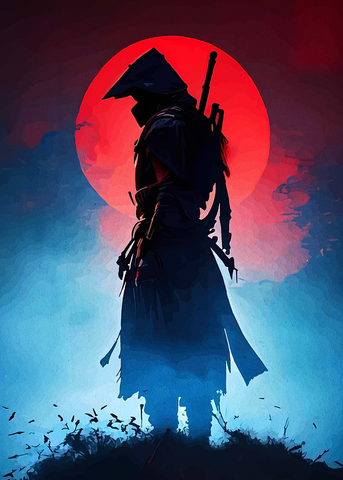 Silhouette of a Warrior with Red Moon