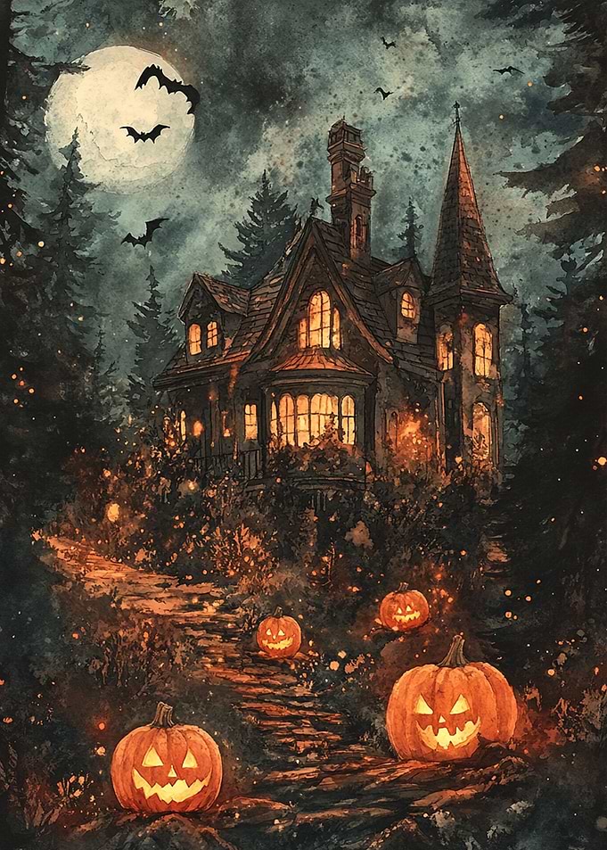 Spooky Halloween House with Pumpkins