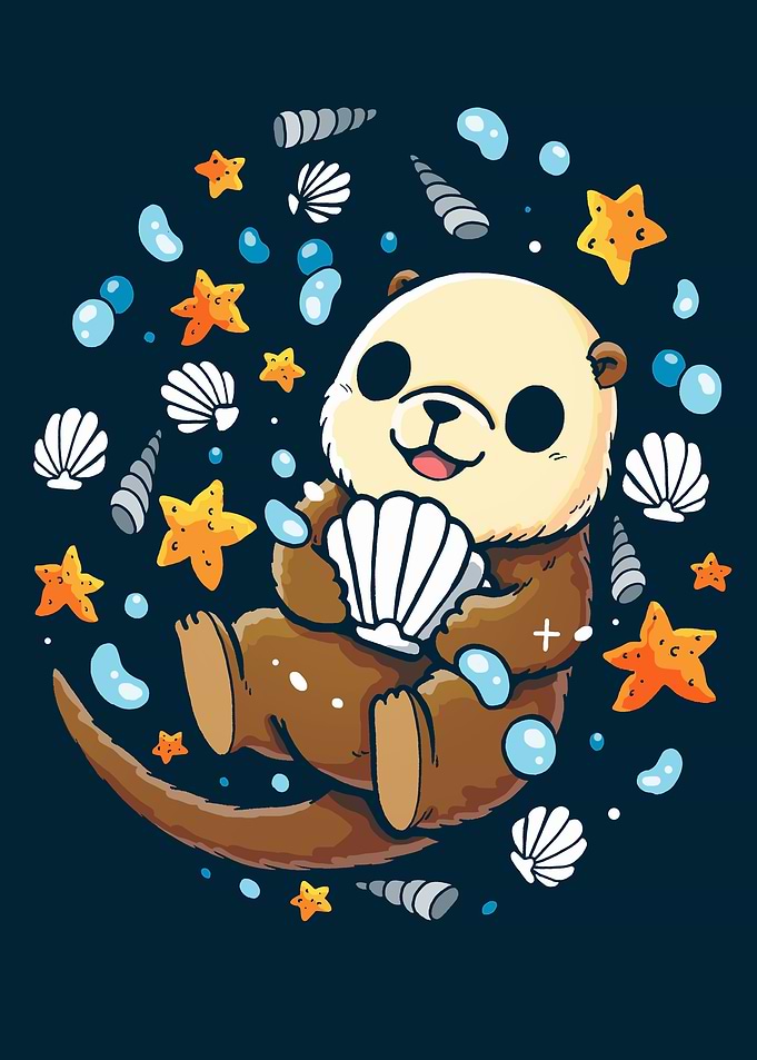 Cartoon Otter with Seashells and Starfish