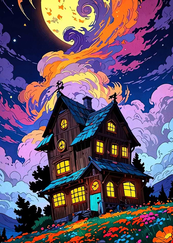Whimsical House Under a Colorful Moon