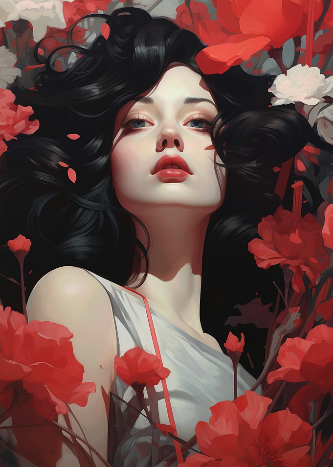 Woman with dark hair and red flowers
