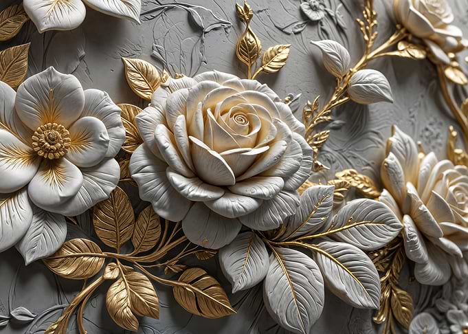Elegant White and Gold Floral Relief