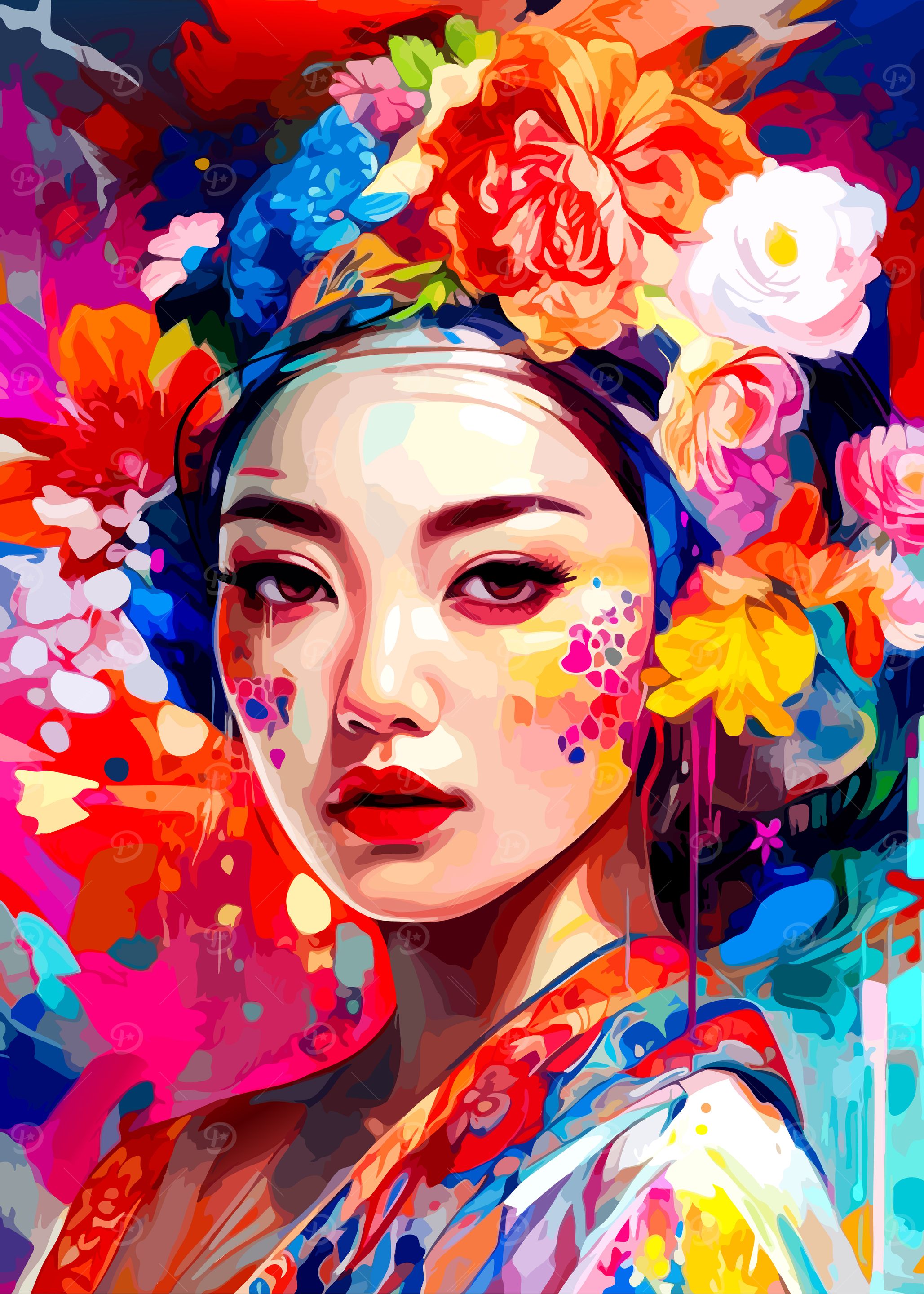 Colorful Asian Woman Portrait with Flowers