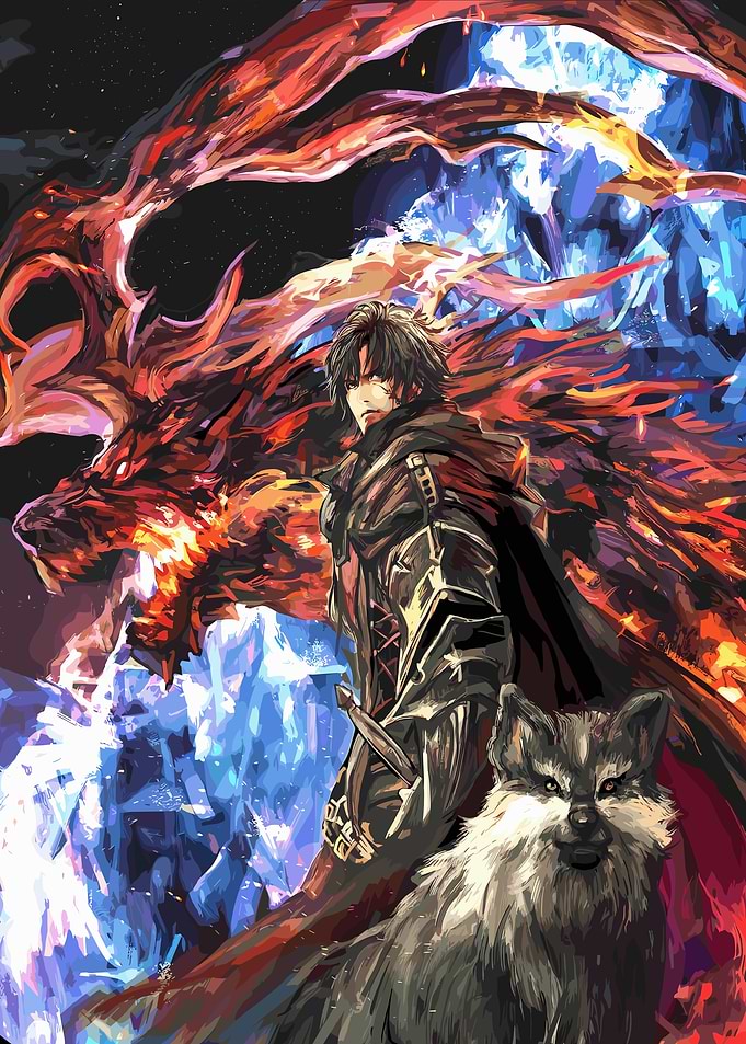 Fantasy Warrior with Dragon and Wolf