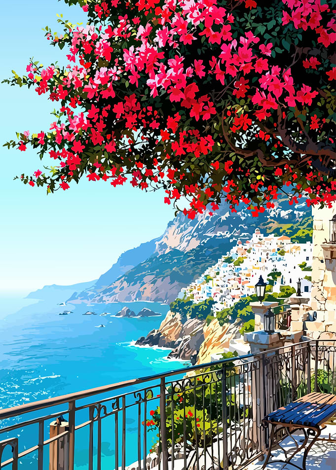 Coastal Town View with Red Flowers