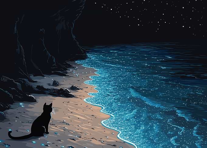Cat on Beach at Night