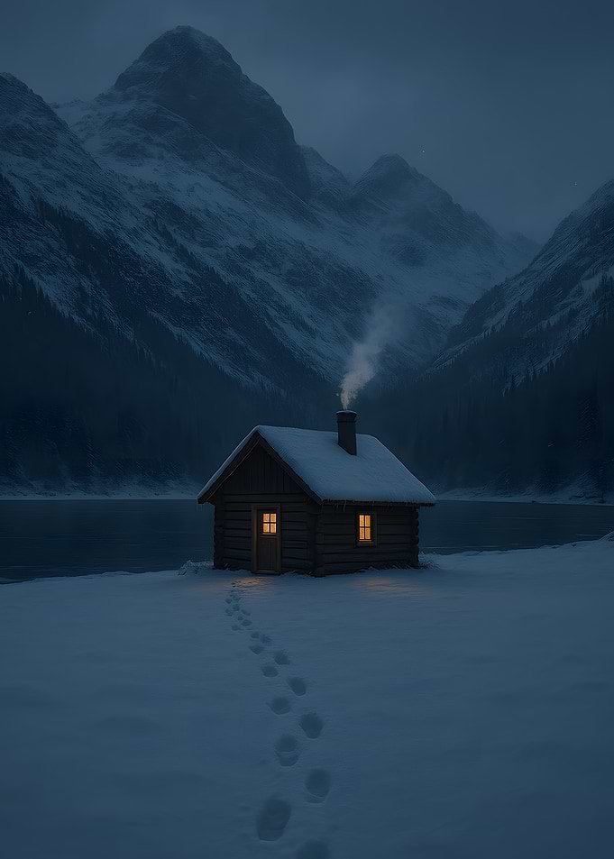Winter Cabin by Lake with Mountains