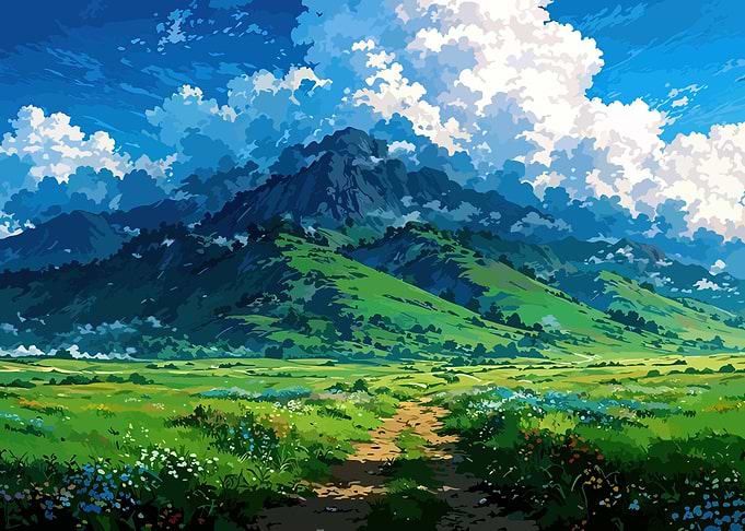 Lush Green Mountain Landscape with Cloudy Sky